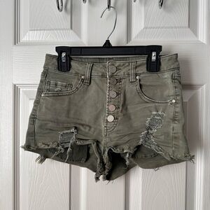 Refuge Distressed Cut Off Denim Button-Fly Shorts Olive Women's Size 0